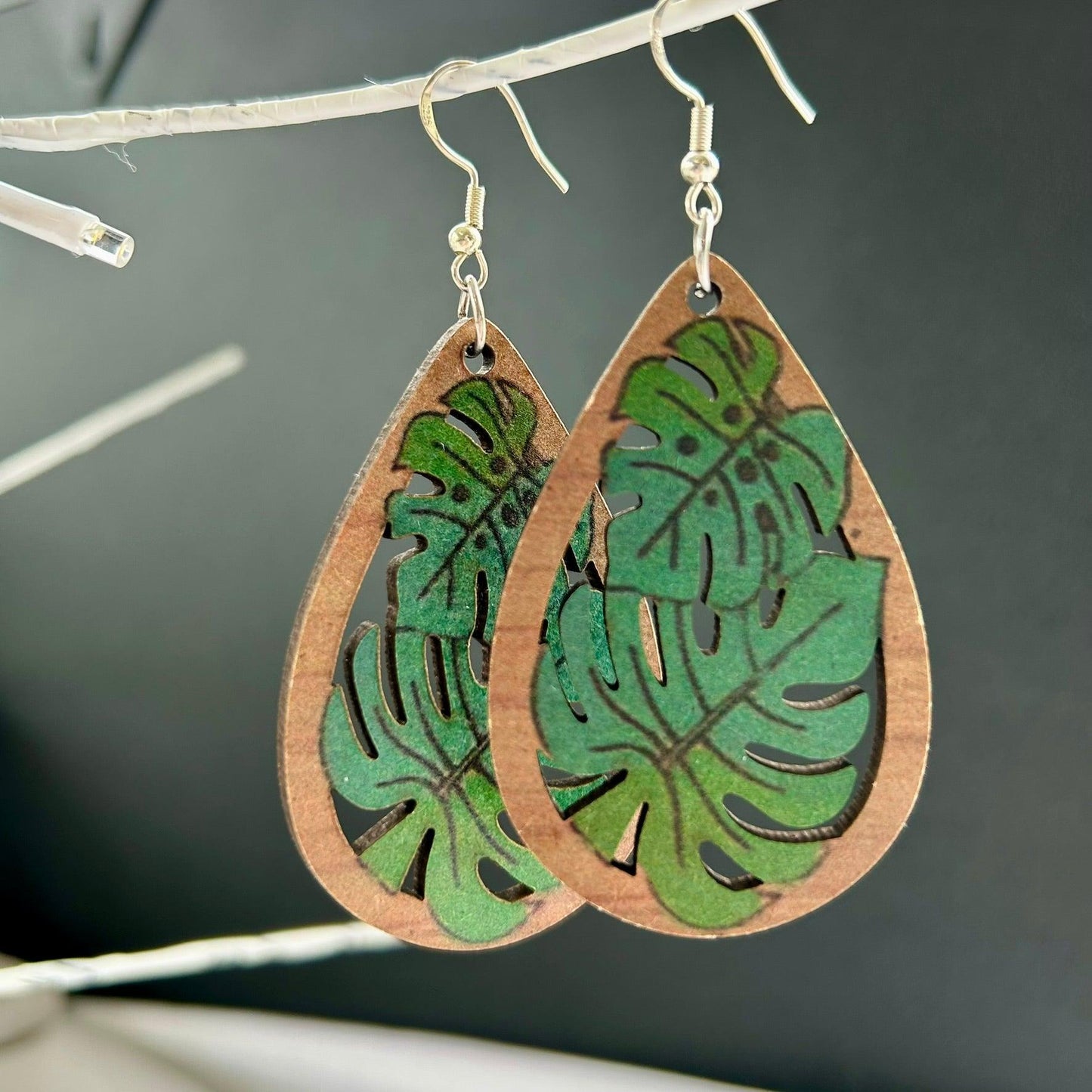 Wood Painted Monstera Earrings - Bigfoot Yarns